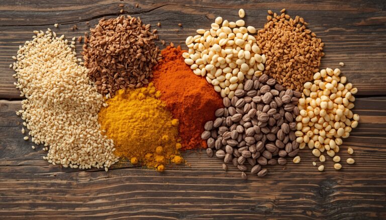 lucid origin raw natural ingredients like grains spices pulses displayed neatly on a wooden t 0